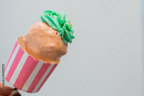 Giant Sweet Cupcake Cake Pop with Green Frosting and pink chocolate and multi colored Sprinkles