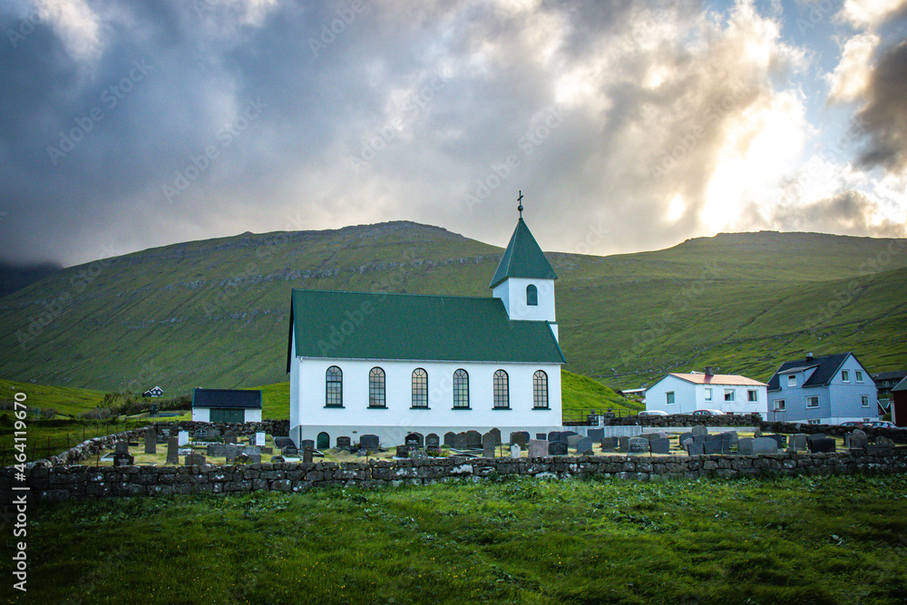 sunset over church of gjogv, village, faroe islands, eysturoy, north atlantic europe sunset over church of gjogv, village, faroe islands, eysturoy, north atlantic europe