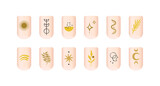 Set of painted nails in bohemian style. Flat vector manicure designs with minimalistic boho symbols. Esoteric golden symbols, mystical design elements.