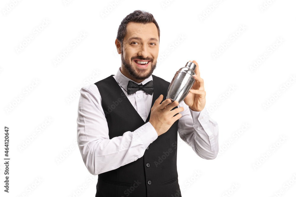 Barman mixing a cocktail shaker and smiling Barman mixing a cocktail shaker and smiling