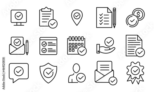 Check marks icon. Collection of graphic elements for websites. Page security check, verification. Document evaluation, done, successful. Cartoon flat vector illustration isolated on white background