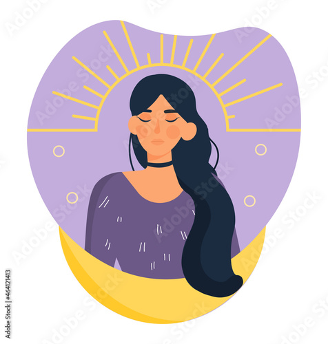 Depressed woman concept. Sad girl stands with her eyes closed. Upset, unhappy, frustration, disappointment. Physical and emotional violence. Cartoon vector illustration isolated on white background
