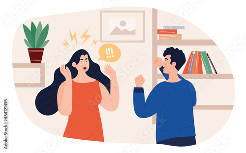 Domestic violence and abuse concept. Husband yells at his wife, man beats woman. Family quarrels, screams. Male character punching. Cartoon flat vector illustration isolated on white background
