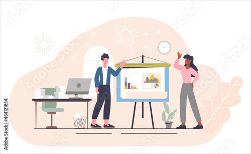 Female boss in office. Girl checks employee reports, analyzes statistics, graphs and diagrams. Teamwork, subordination, success. Cartoon flat vector illustration isolated on white background