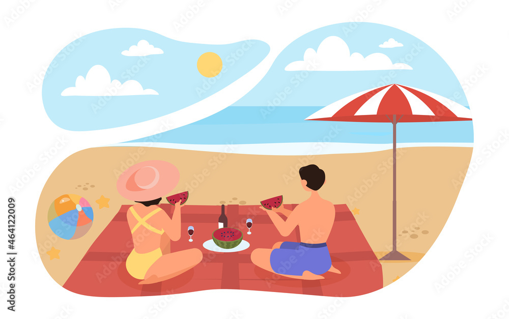 Happy couple on beach. Husband and wife went to rest on sea, romantic date. Travel, tourists, vacation. Man and girl eating watermelon with wine. Flat vector illustration isolated on white background