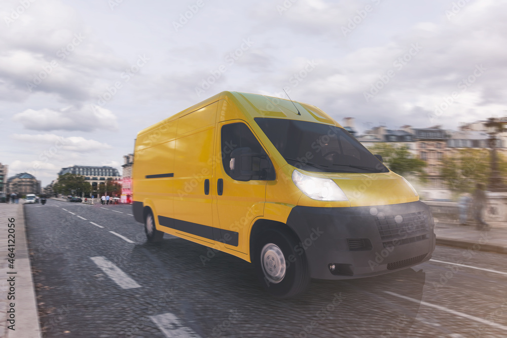 Transportation service with a yellow van moving fast on the road - obrazy, fototapety, plakaty 