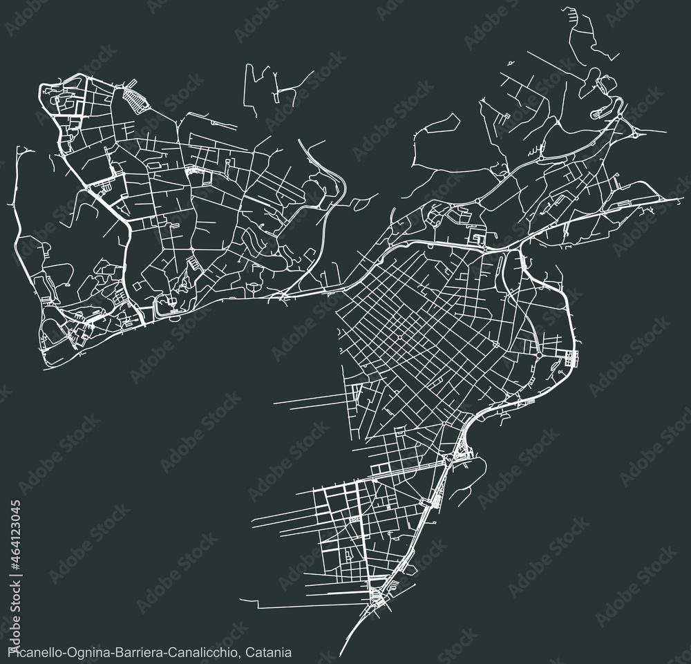 Detailed negative navigation urban street roads map on dark gray background of the quarter Picanello-Ognina/Barriera-Canalicchio district of the Italian regional capital city of Catania, Italy