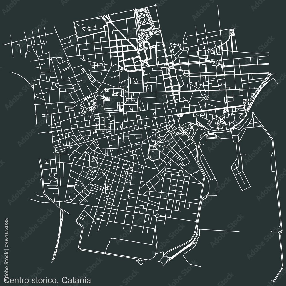 Detailed negative navigation urban street roads map on dark gray background of the quarter Centro storico district of the Italian regional capital city of Catania, Italy