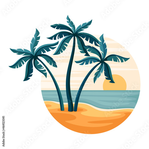 Tropical Landscape with Sunset and Sandy Beach with Palm Tree in Circle Closeup Vector Illustration