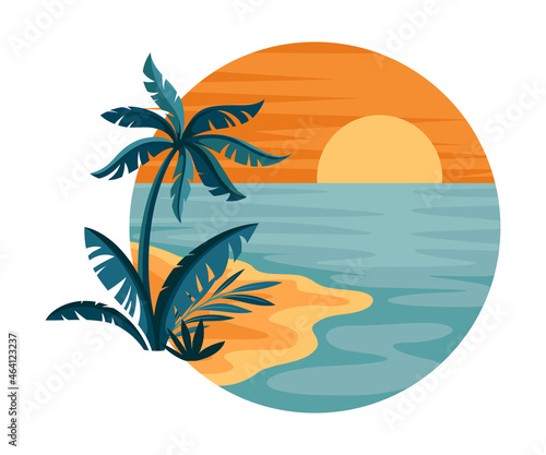 Tropical Landscape with Sunset and Sandy Beach with Palm Tree in Circle Closeup Vector Illustration
