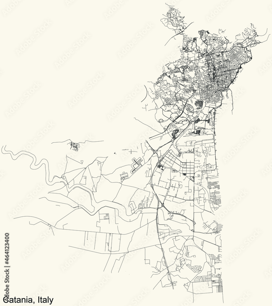 Detailed navigation urban street roads map on vintage beige background of the Italian regional capital city of Catania, Italy