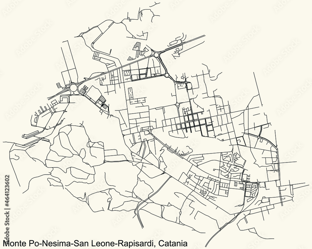 Detailed navigation urban street roads map on vintage beige background of the quarter Monte Po-Nesima/San Leone-Rapisardi district of the Italian regional capital city of Catania, Italy