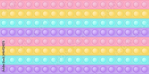 Pop it background a fashionable silicon toy for fidgets. Addictive anti-stress toy in pastel colors. Bubble sensory developing popit for kids fingers. Vector illustration in rectangle format suitable