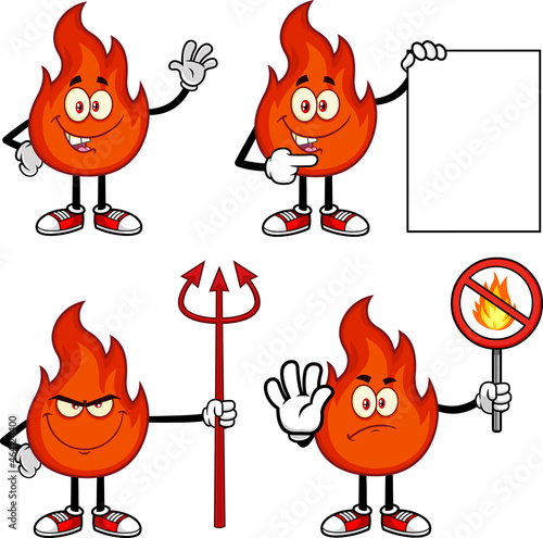Red Fire Cartoon Character. Vector Hand Drawn Collection Set Isolated On White Background