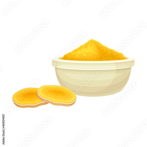 Turmeric or Curcuma Longa Sliced Rhizome and Powder in Bowl Closeup Vector Illustration