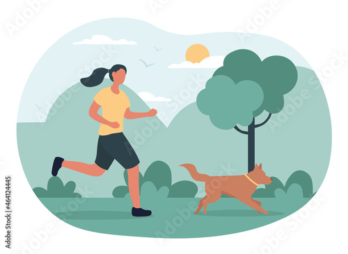 Running with dog. Girl went to marathon with her pet. Woman walking in park. Nature, outdoor, park. Sport, self care, healthy lifestyle. Cartoon flat vector illustration isolated on white background