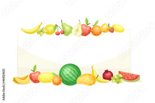 Fototapeta Naklejka Na Ścianę i Meble -  Bright Rectangular Fruit Frame with Ripe and Fresh Garden Cultivar Closeup Vector Illustration
