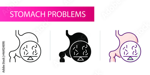 Symptoms of stomach problems (balance of bifidobacteria). Line icon concept