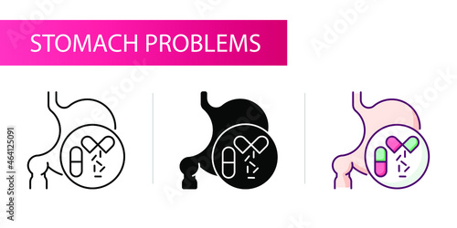 Symptoms of stomach problems (probiotic). Line icon concept