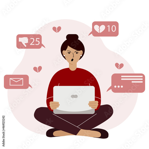 Social media marketing and audience growth. Vector concept illustration of angry woman sitting with laptop