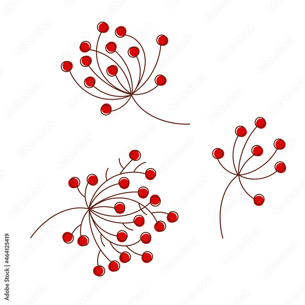 Vector doodle colored branch with berries hand-drawn. Line art illustration in warm colors isolated.