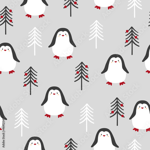 Merry Christmas seamless pattern with cute penguins and trees. Vector illustration