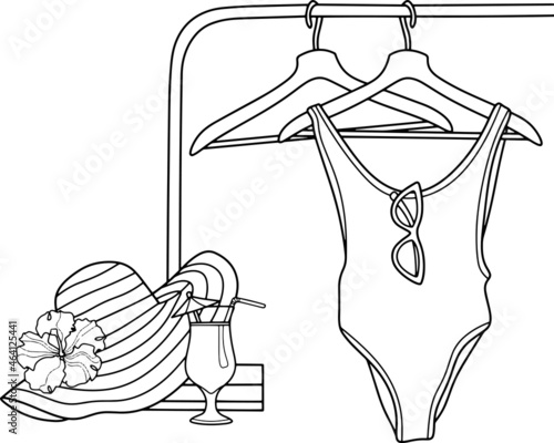Vector graphics. Black and white drawing, coloring book. Beach items