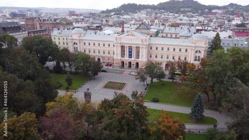Fast flight on a drone over the autumn park of the city of Lviv. Gives a feeling of lightness and gives life an autumn mood. Fast flight on a drone over the autumn park of the city of Lviv. Gives a feeling of lightness and gives life an autumn mood.