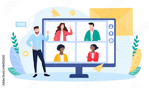 Online video conference. Man communicates with colleagues via Internet. Business meeting, call, modern technology. Workshop, webinar. Cartoon flat vector illustration isolated on white background