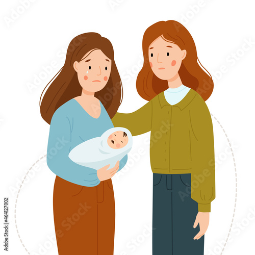 Postpartum depression. A woman is crying and holding a crying baby. Maternity crisis. The girl supports her friend. Friendly support concept. Vector flat illustration.