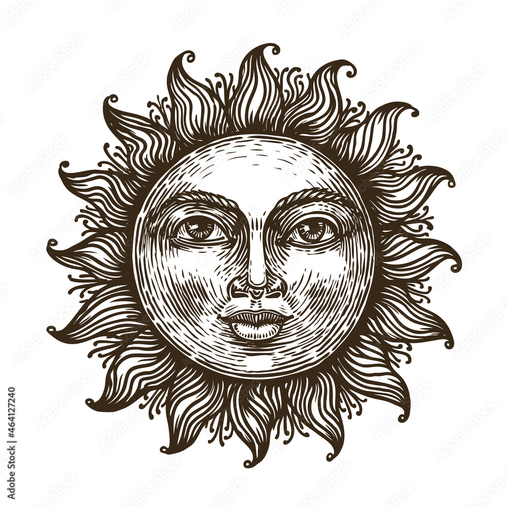 Hand drawn sun with face stylized as engraving. Astrology symbol. Can be used as print for, cards, decor element