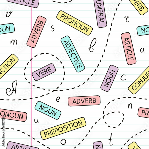 Seamless pattern on notebook sheet in a line with names of the parts of speech. Handwritten letters in a notebook. Background on the theme of school, grammar, education, learning, literacy, spelling.