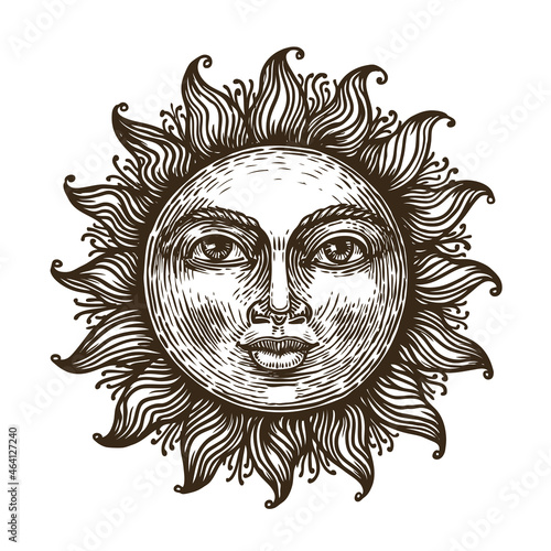 Hand drawn sun with face stylized as engraving. Astrology symbol. Can be used as print for, cards, decor element