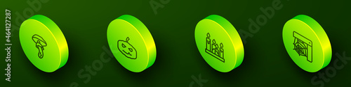 Set Isometric line Psilocybin mushroom, Pumpkin, Burning candle and Spider web icon. Vector
