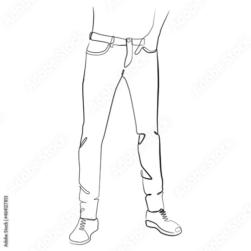 Man stands with his hands in his jeans pockets line art on white isolated background. Vector illustration