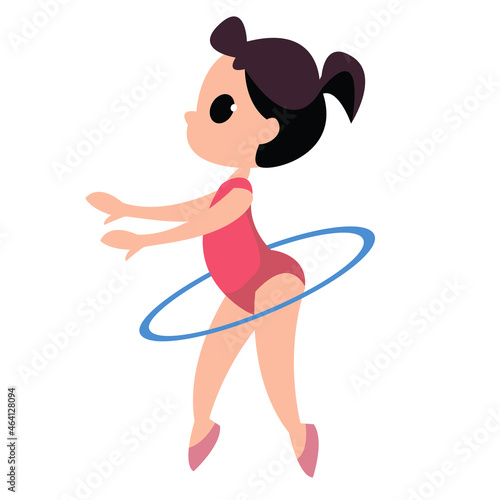 Cartoon cute girl gymnast spinning a hoop in a pink leotard. Vector character in childish style flat.