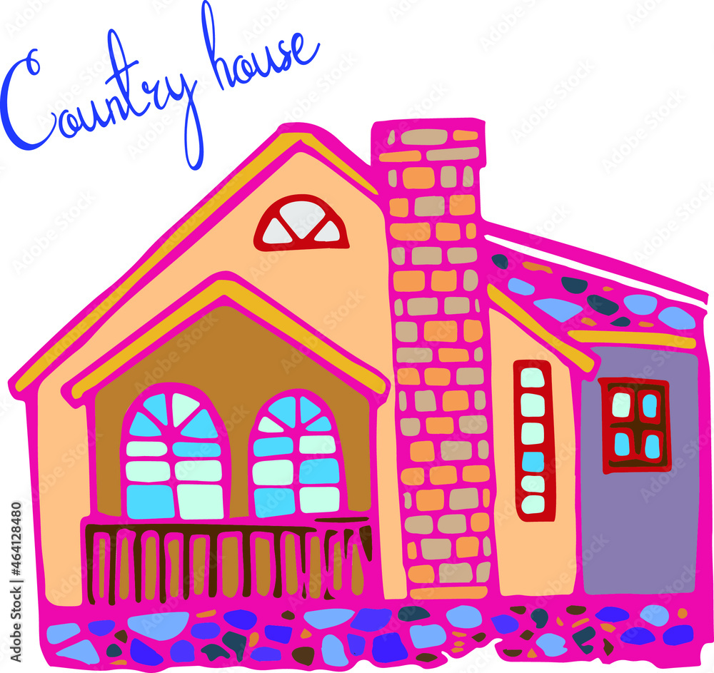 Vector hand drawn doodle house, cozy home, building, cottage, vector lettering, colored doodle house, pink colours house, winter cottage