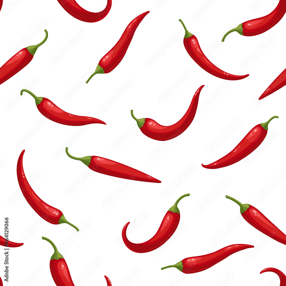 Vector seamless pattern of realistic red hot chili peppers, large chilly pepper pattern isolated on white. Flat vector illustration, cartoon style vegetables. Vector seamless pattern of realistic red hot chili peppers, large chilly pepper pattern isolated on white. Flat vector illustration, cartoon style vegetables.