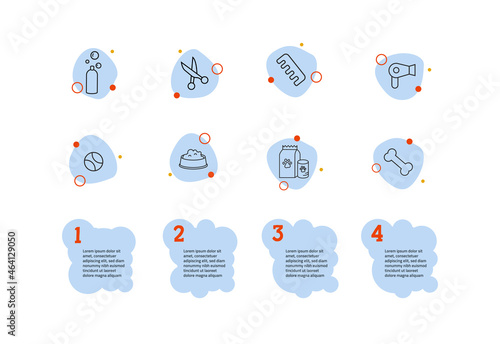 Pet grooming icons set. Dog grooming icons. Steps number for website. Bubble text for pet shop.