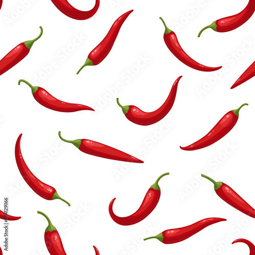 Vector seamless pattern of realistic red hot chili peppers, large chilly pepper pattern isolated on white. Flat vector illustration, cartoon style vegetables.