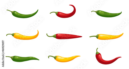 Vector set of realistic hot chilli peppers, large chilly pepper collection isolated on white. Flat vector illustration, cartoon style vegetables.