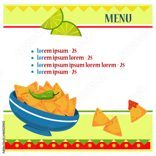 Billet layout for the menu. Mexican style. Hot pepper, nachos and lime. Vector banner on white background.