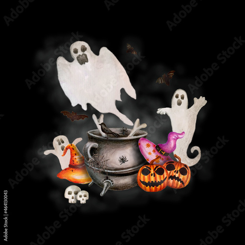 Sfondo scuro di Halloween con fantasmi spaventosi disegnati a mano, zucche, cappelli da strega, corvo affamato, ragni, teschi e un contenitore per cucinare photo