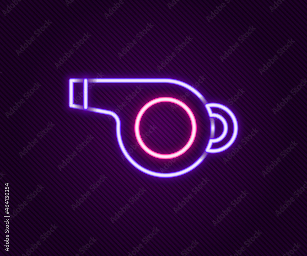Glowing neon line Whistle icon isolated on black background. Referee symbol. Fitness and sport sign. Colorful outline concept. Vector Glowing neon line Whistle icon isolated on black background. Referee symbol. Fitness and sport sign. Colorful outline concept. Vector