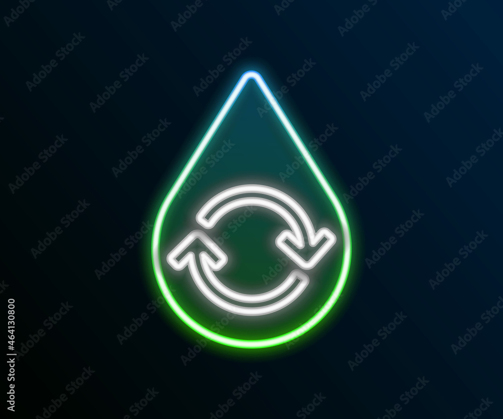 Glowing neon line Recycle clean aqua icon isolated on black background. Drop of water with sign recycling. Colorful outline concept. Vector Glowing neon line Recycle clean aqua icon isolated on black background. Drop of water with sign recycling. Colorful outline concept. Vector