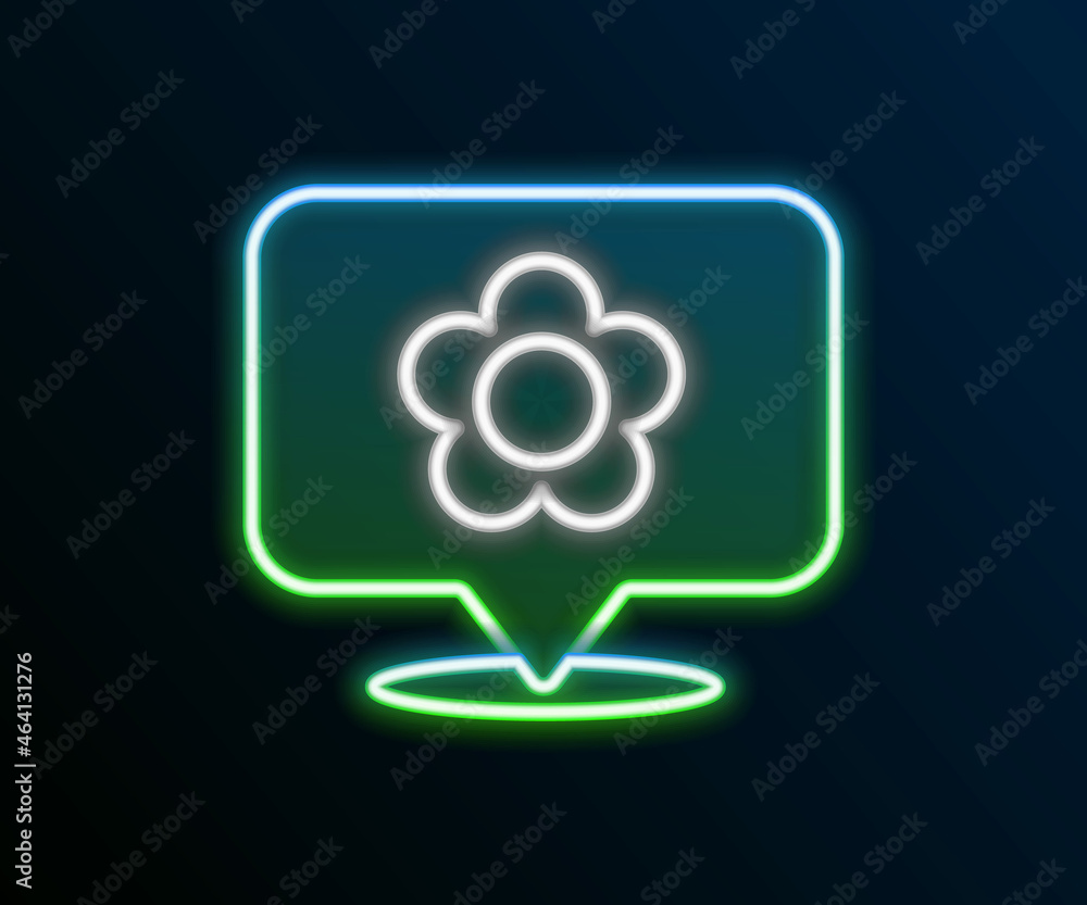 Glowing neon line Location with flower icon isolated on black background. Colorful outline concept. Vector Glowing neon line Location with flower icon isolated on black background. Colorful outline concept. Vector