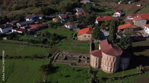 Bragança, Castro de Avelãs, vista aérea geral da igreja e ruinas das dependências monacais do antigo mosteiro beneditino photo