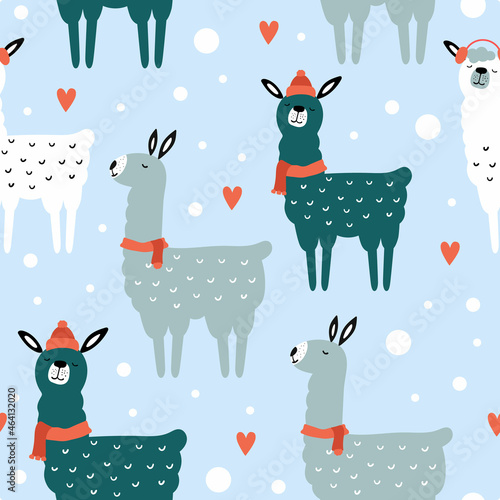 Christmas and Happy New Year seamless pattern with cute llamas