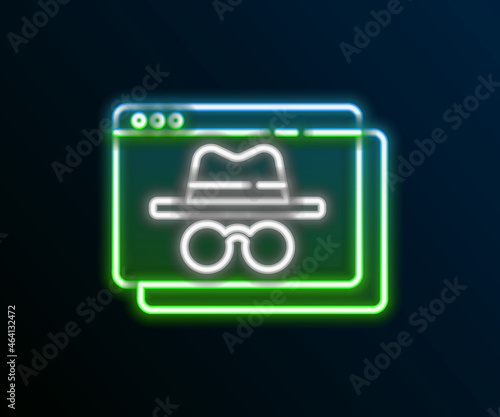 Glowing neon line Browser incognito window icon isolated on black background. Colorful outline concept. Vector