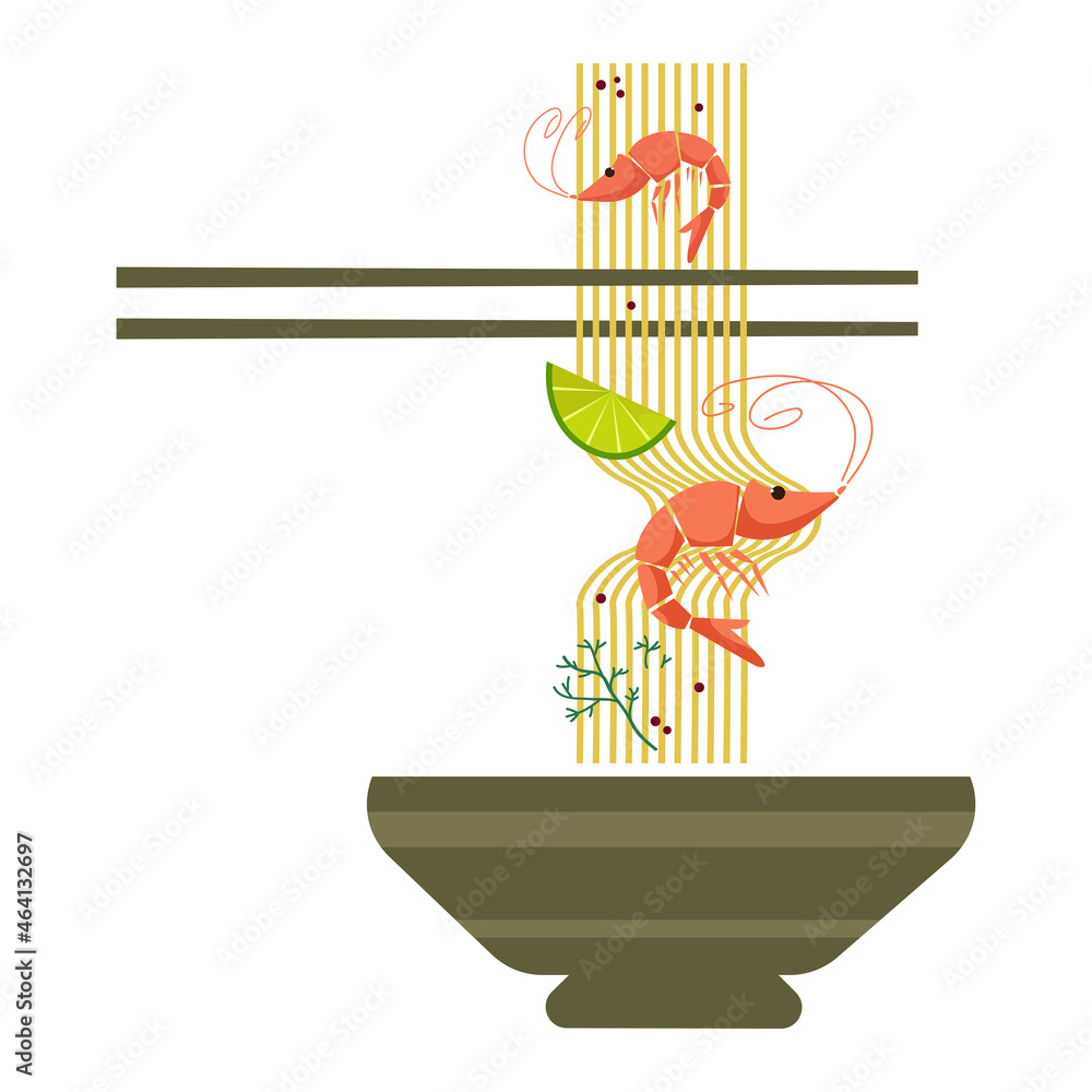 Chopsticks hold vermicelli with vegetables and shrimps. Traditional Asian food. Vector on white background. Proper healthy eating.